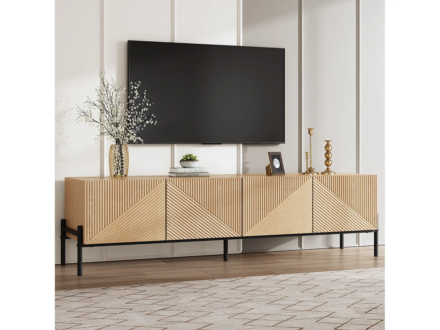 Meuble TV moderne - 163.5 x 40 x 45 cm - avec 4 portes - design géométrique et texture 3D - MDF - naturel