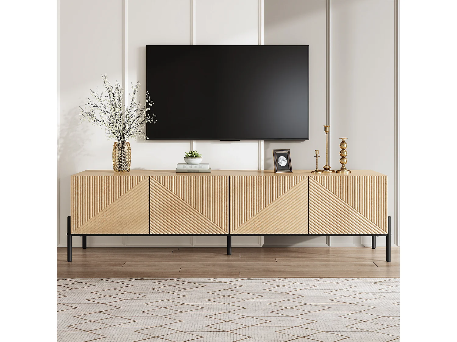 Meuble TV moderne - 163.5 x 40 x 45 cm - avec 4 portes - design géométrique et texture 3D - MDF - naturel