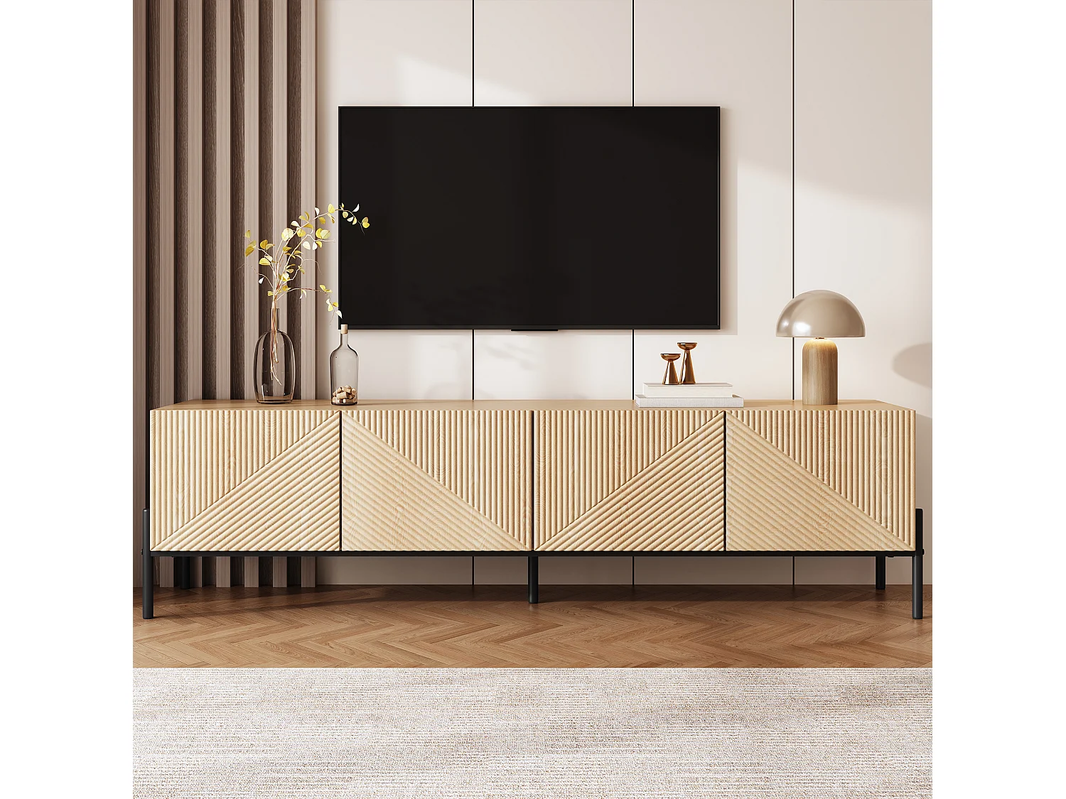 Meuble TV moderne - 163.5 x 40 x 45 cm - avec 4 portes - design géométrique et texture 3D - MDF - naturel