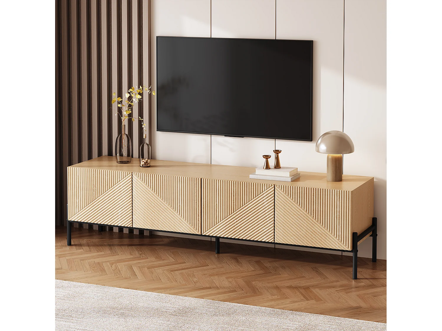 Meuble TV moderne - 163.5 x 40 x 45 cm - avec 4 portes - design géométrique et texture 3D - MDF - naturel