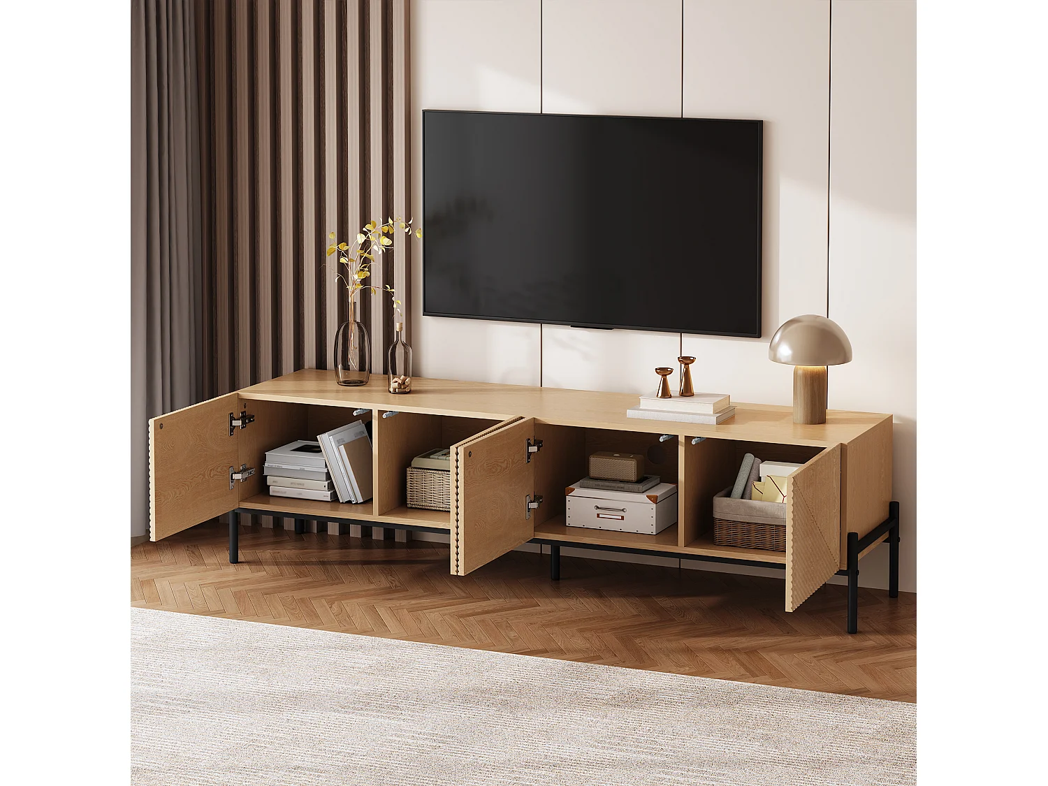 Meuble TV moderne - 163.5 x 40 x 45 cm - avec 4 portes - design géométrique et texture 3D - MDF - naturel
