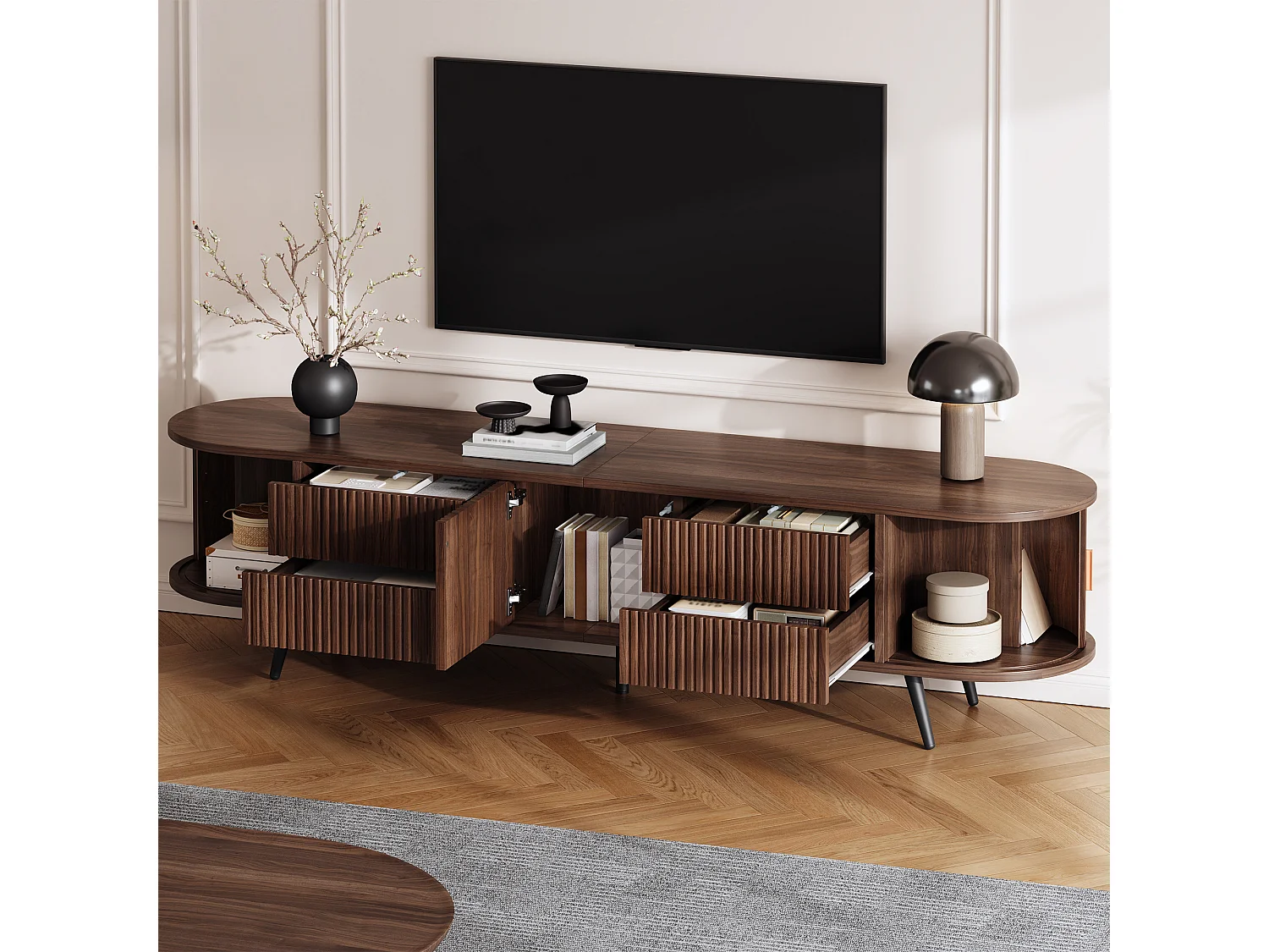 Meuble TV ovale à rayures verticales - 180 x 40 x 45 cm - avec 4 tiroirs + 2 portes coulissante - MDF - noyer foncé
