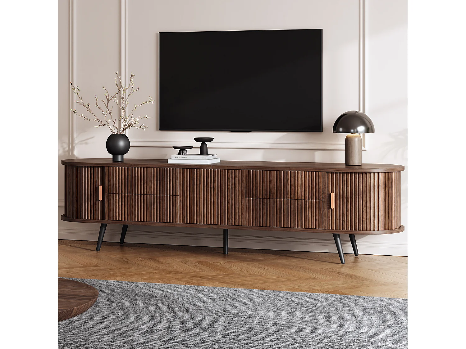 Meuble TV ovale à rayures verticales - 180 x 40 x 45 cm - avec 4 tiroirs + 2 portes coulissante - MDF - noyer foncé