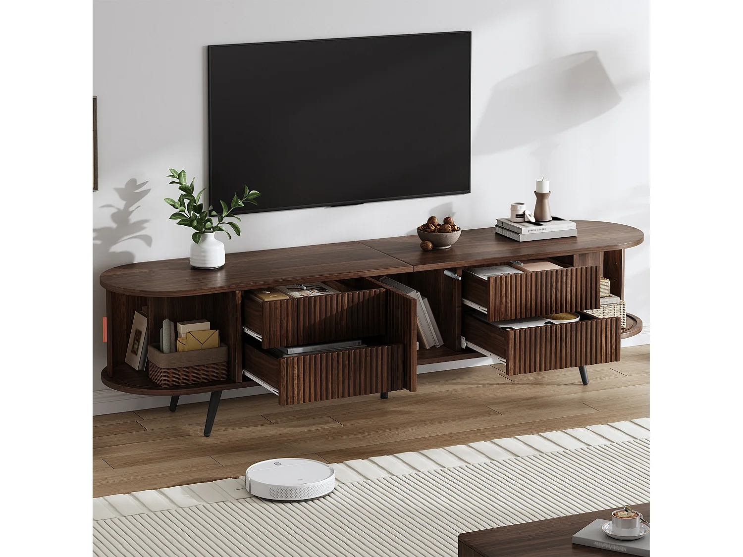 Meuble TV ovale à rayures verticales - 180 x 40 x 45 cm - avec 4 tiroirs + 2 portes coulissante - MDF - noyer foncé