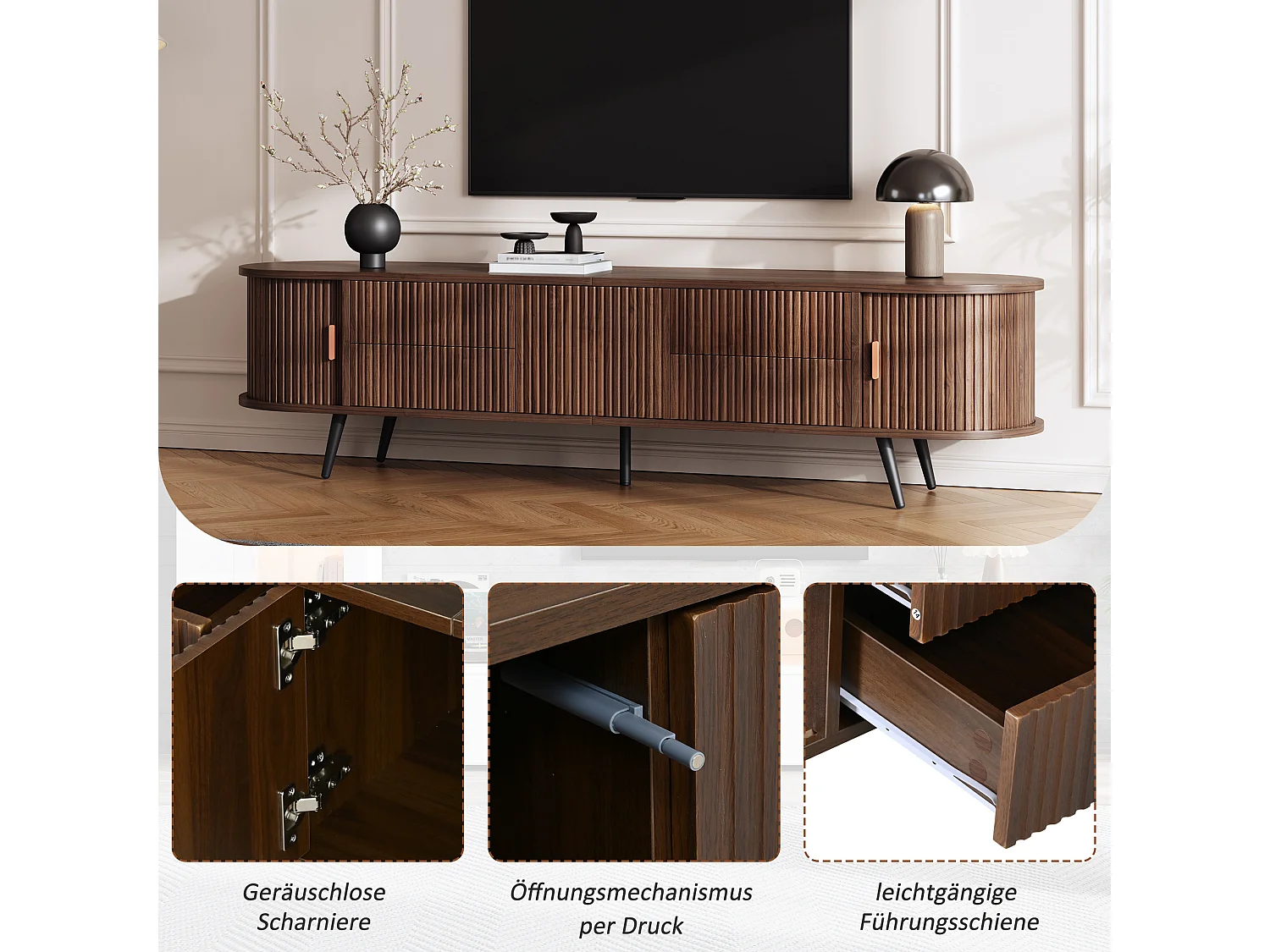 Meuble TV ovale à rayures verticales - 180 x 40 x 45 cm - avec 4 tiroirs + 2 portes coulissante - MDF - noyer foncé