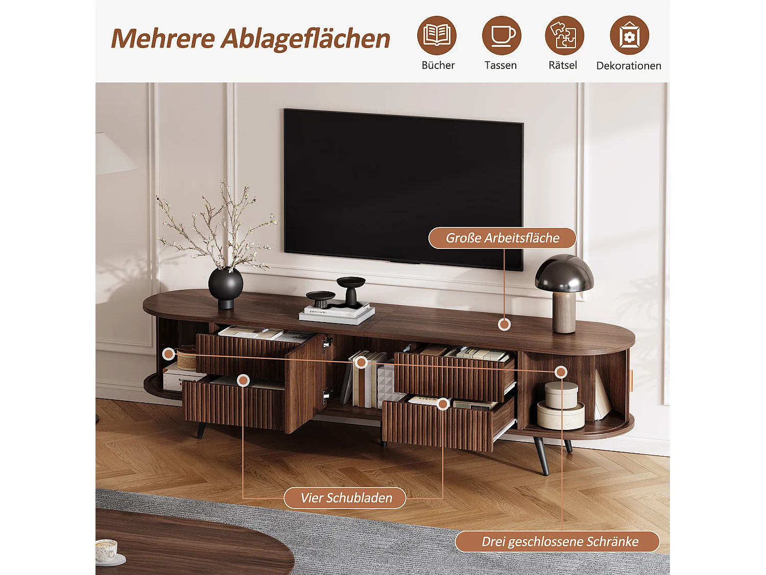 Meuble TV ovale à rayures verticales - 180 x 40 x 45 cm - avec 4 tiroirs + 2 portes coulissante - MDF - noyer foncé