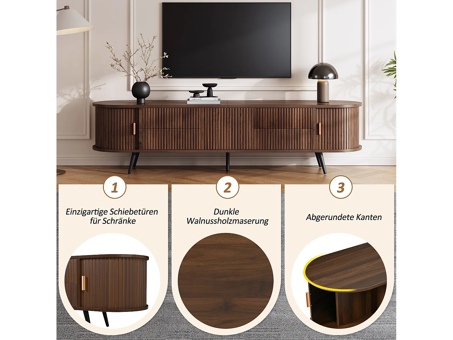 Meuble TV ovale à rayures verticales - 180 x 40 x 45 cm - avec 4 tiroirs + 2 portes coulissante - MDF - noyer foncé