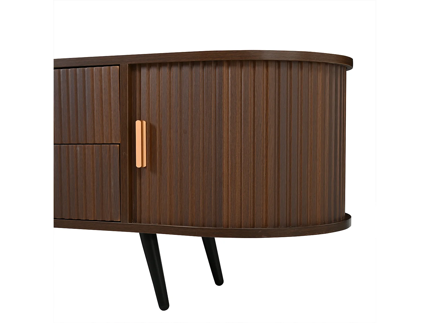 Meuble TV ovale à rayures verticales - 180 x 40 x 45 cm - avec 4 tiroirs + 2 portes coulissante - MDF - noyer foncé