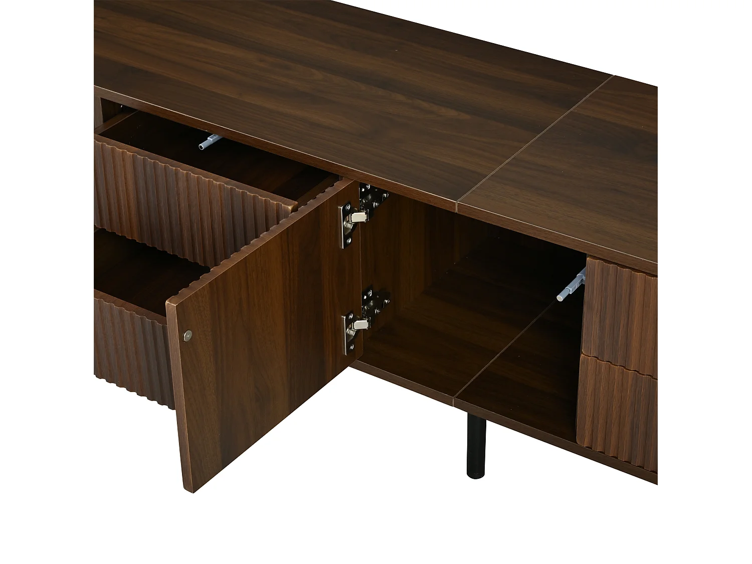 Meuble TV ovale à rayures verticales - 180 x 40 x 45 cm - avec 4 tiroirs + 2 portes coulissante - MDF - noyer foncé