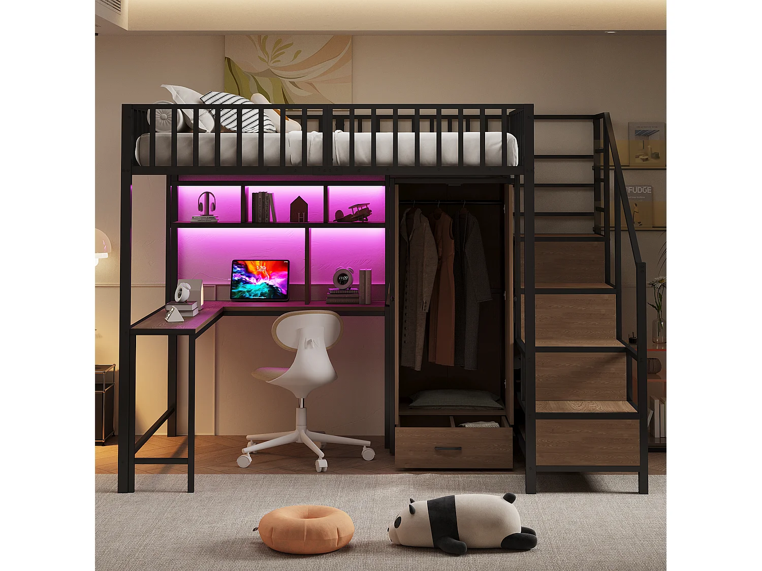 Metalen kinderhoogslaper - 140 x 200 cm - met bureau + plank + kledingkast + lade + opbergladder + ledverlichting - zwart