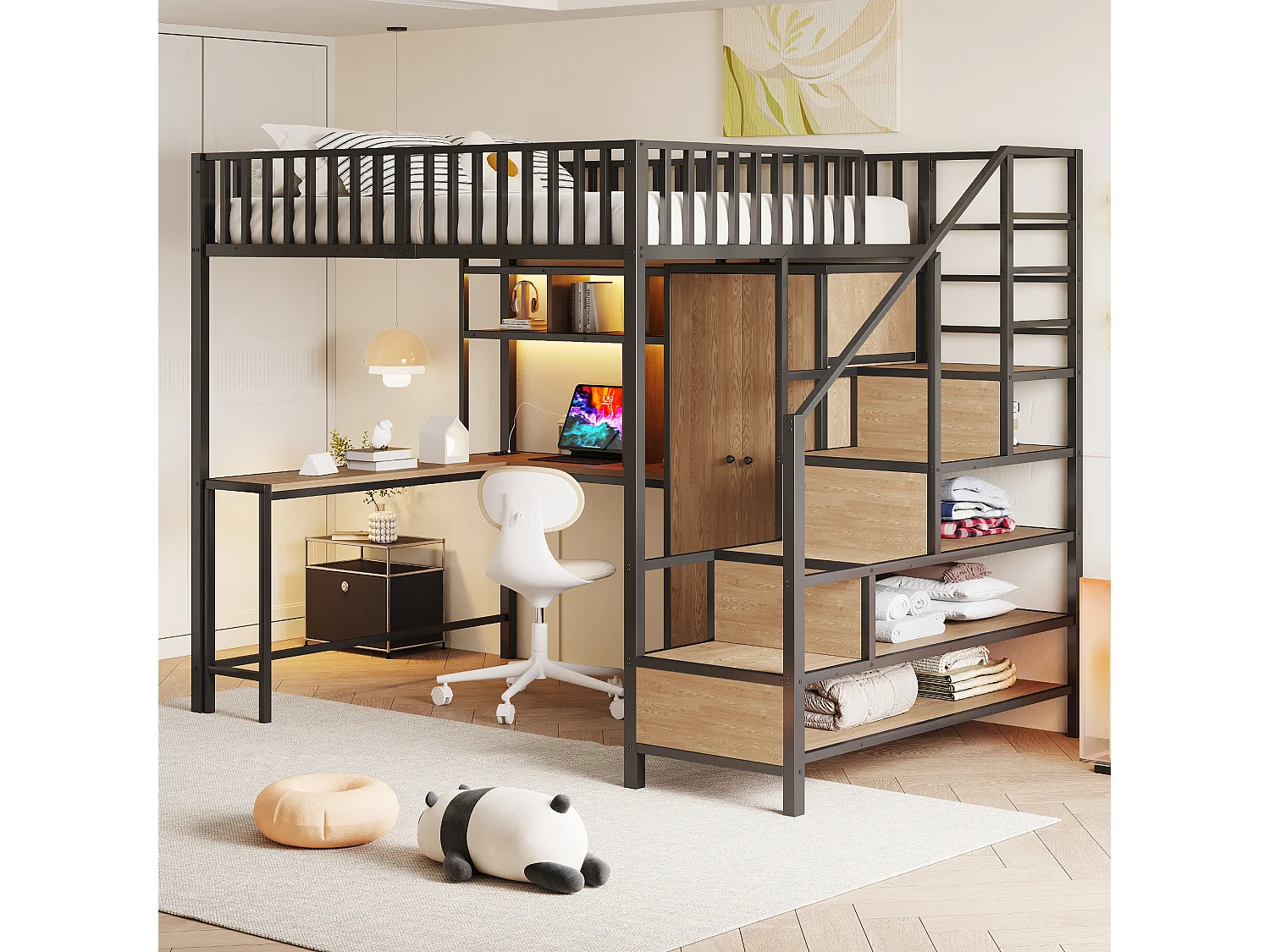 Metalen kinderhoogslaper - 140 x 200 cm - met bureau + plank + kledingkast + lade + opbergladder + ledverlichting - zwart