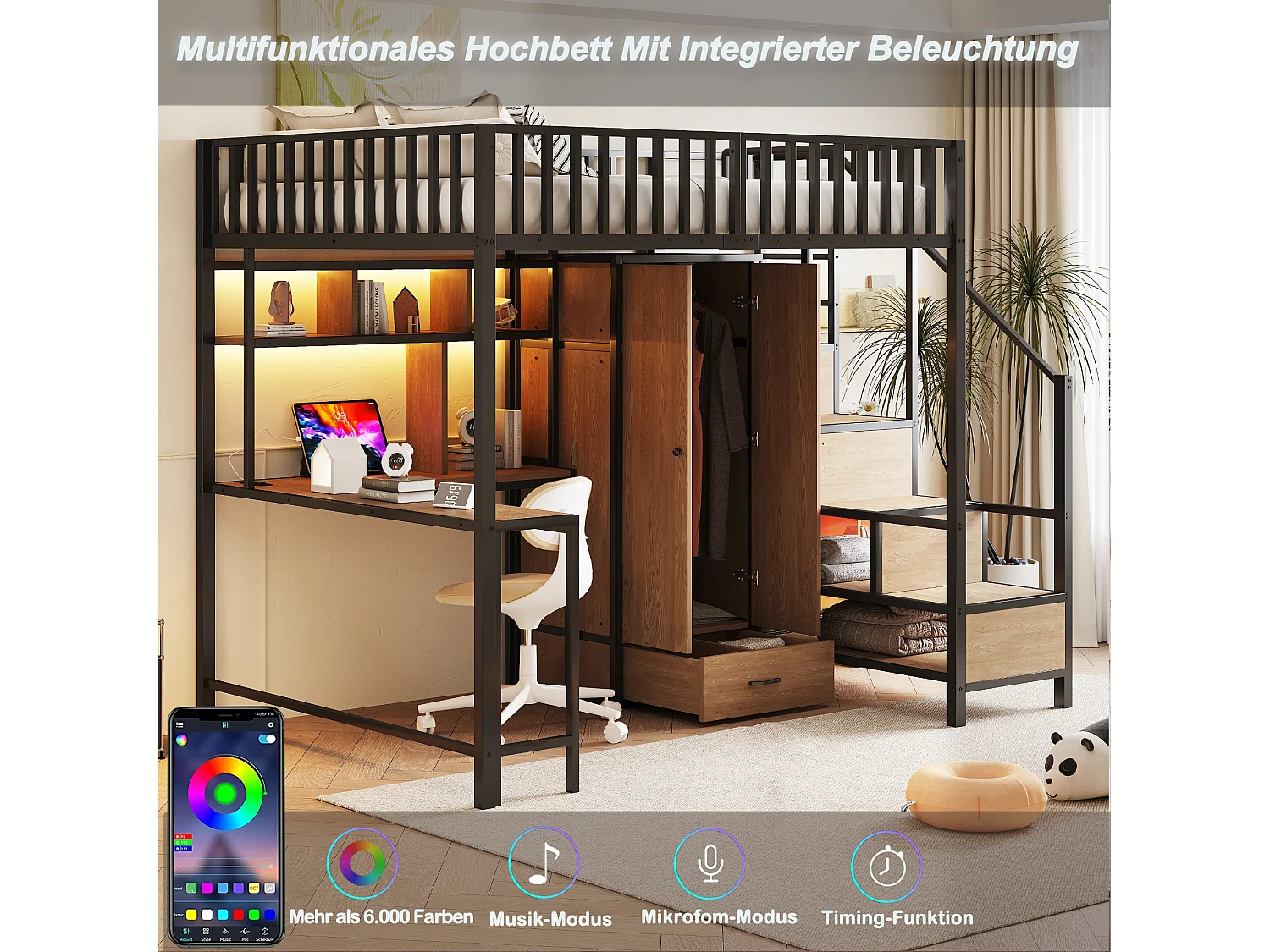 Metalen kinderhoogslaper - 140 x 200 cm - met bureau + plank + kledingkast + lade + opbergladder + ledverlichting - zwart