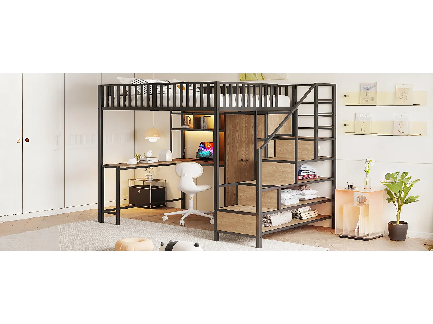 Metalen kinderhoogslaper - 140 x 200 cm - met bureau + plank + kledingkast + lade + opbergladder + ledverlichting - zwart