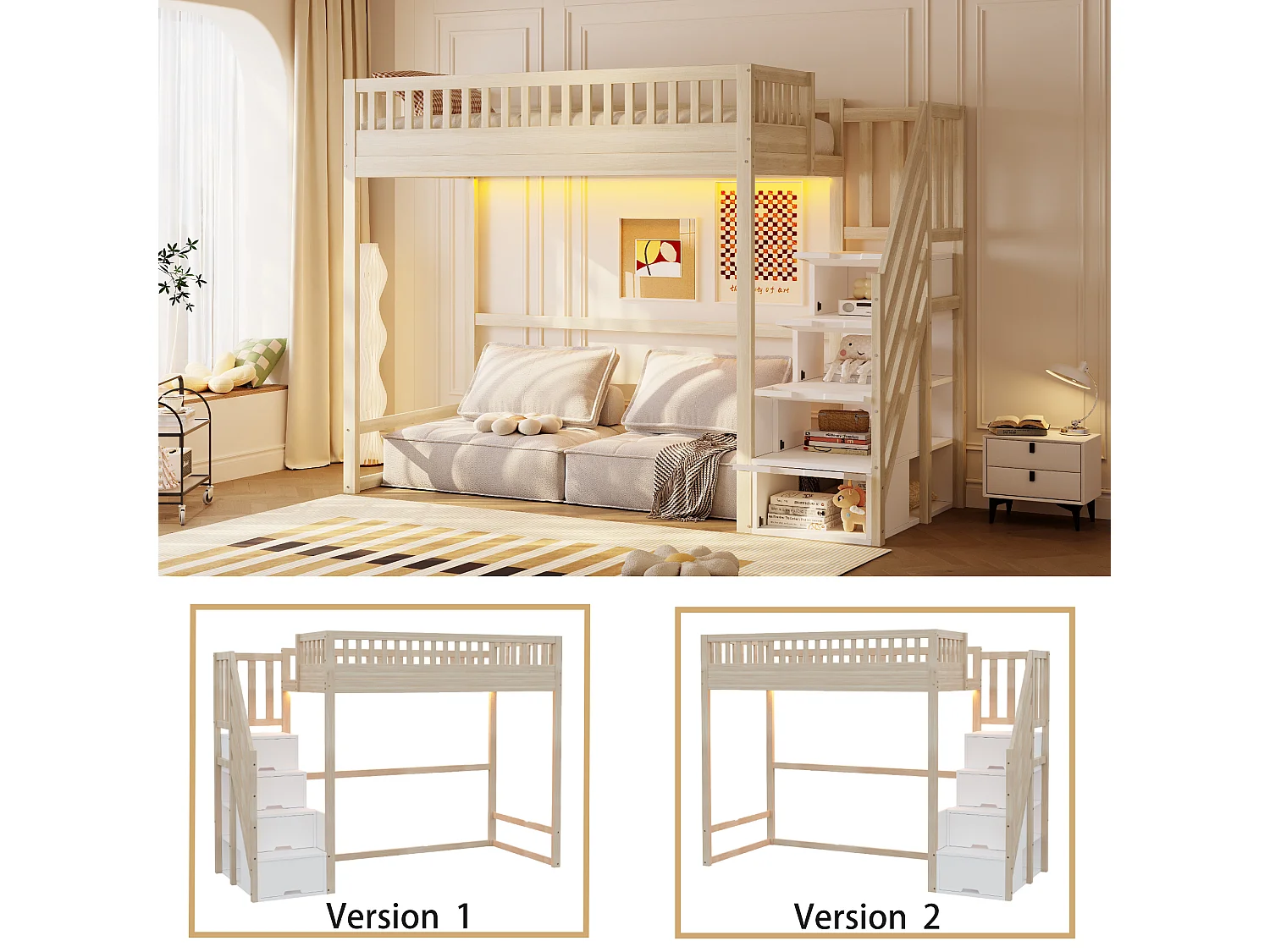 Cama alta infantil - 90 x 200 cm - con escalera de almacenaje + barandilla de seguridad + LED - madera - natural