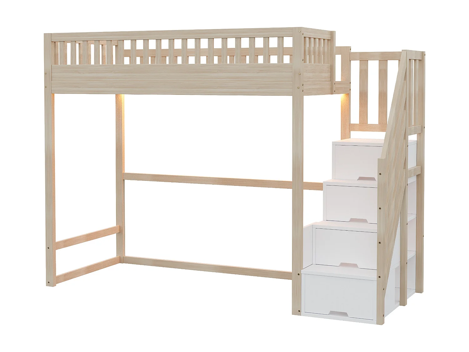 Cama alta infantil - 90 x 200 cm - con escalera de almacenaje + barandilla de seguridad + LED - madera - natural