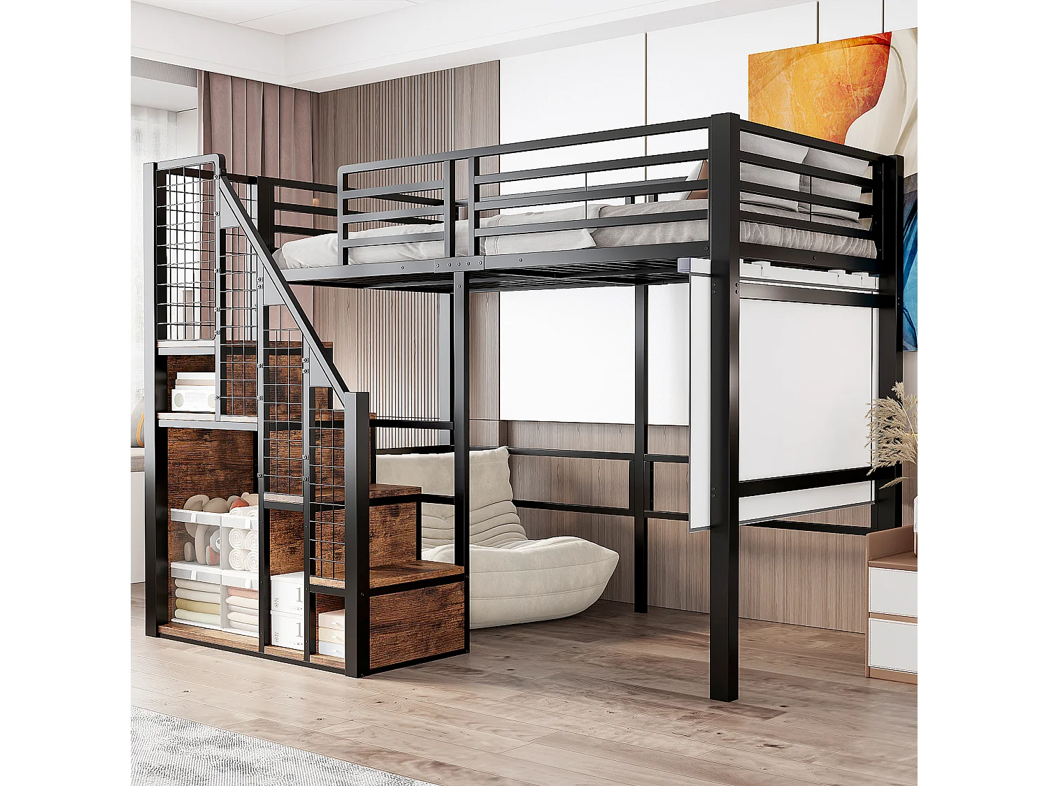 Kinderhoogslaper - 90 x 200 cm - ijzeren frame - met opbergruimte en veiligheidstrap - metaal - zwart