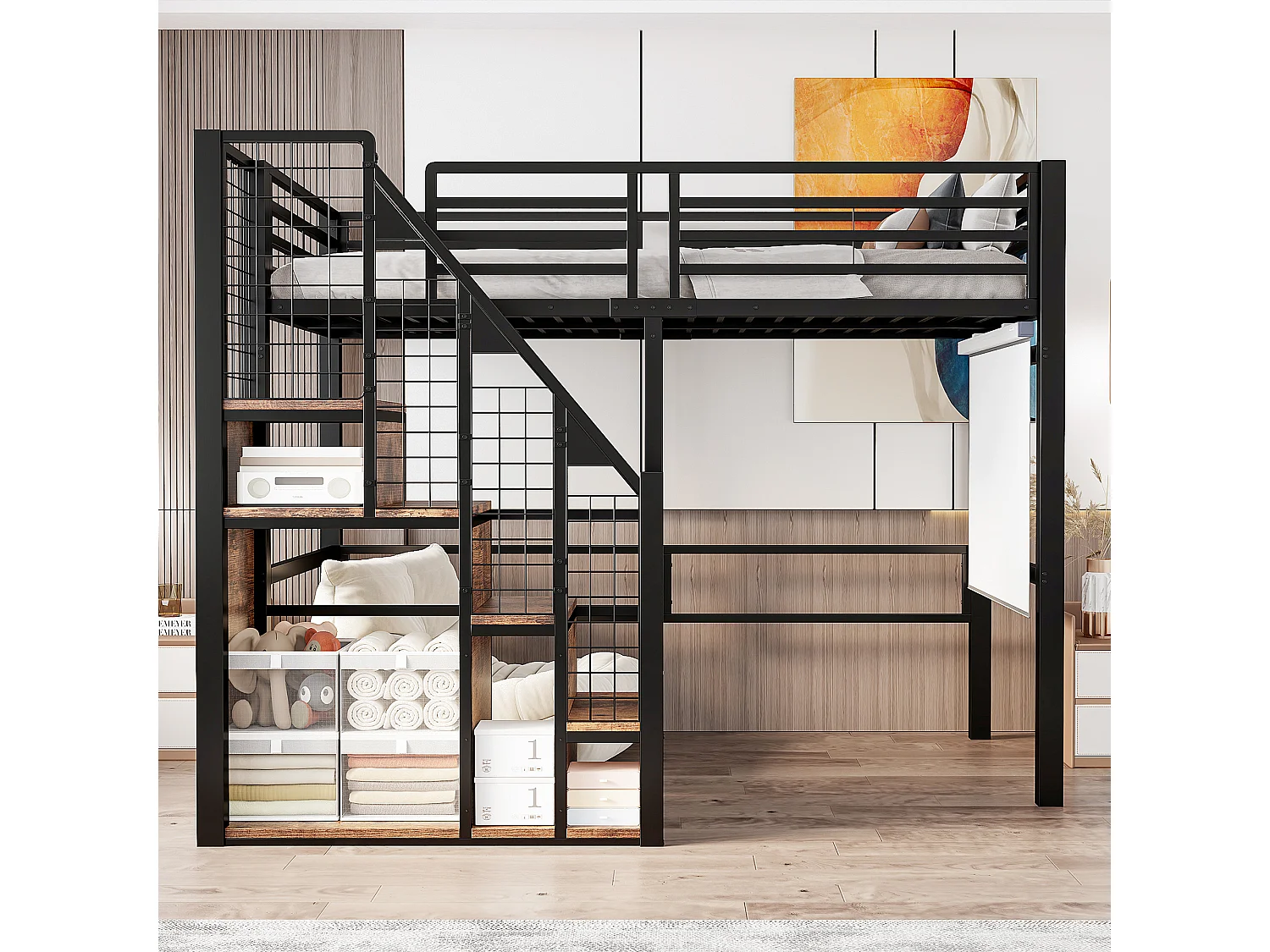 Kinderhoogslaper - 90 x 200 cm - ijzeren frame - met opbergruimte en veiligheidstrap - metaal - zwart