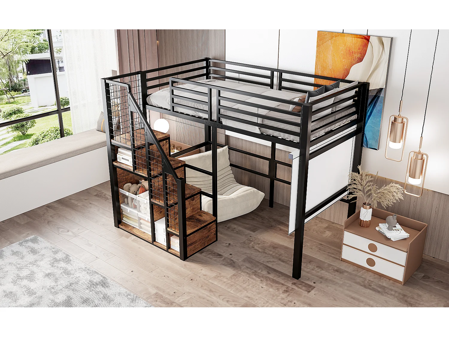 Kinderhoogslaper - 90 x 200 cm - ijzeren frame - met opbergruimte en veiligheidstrap - metaal - zwart