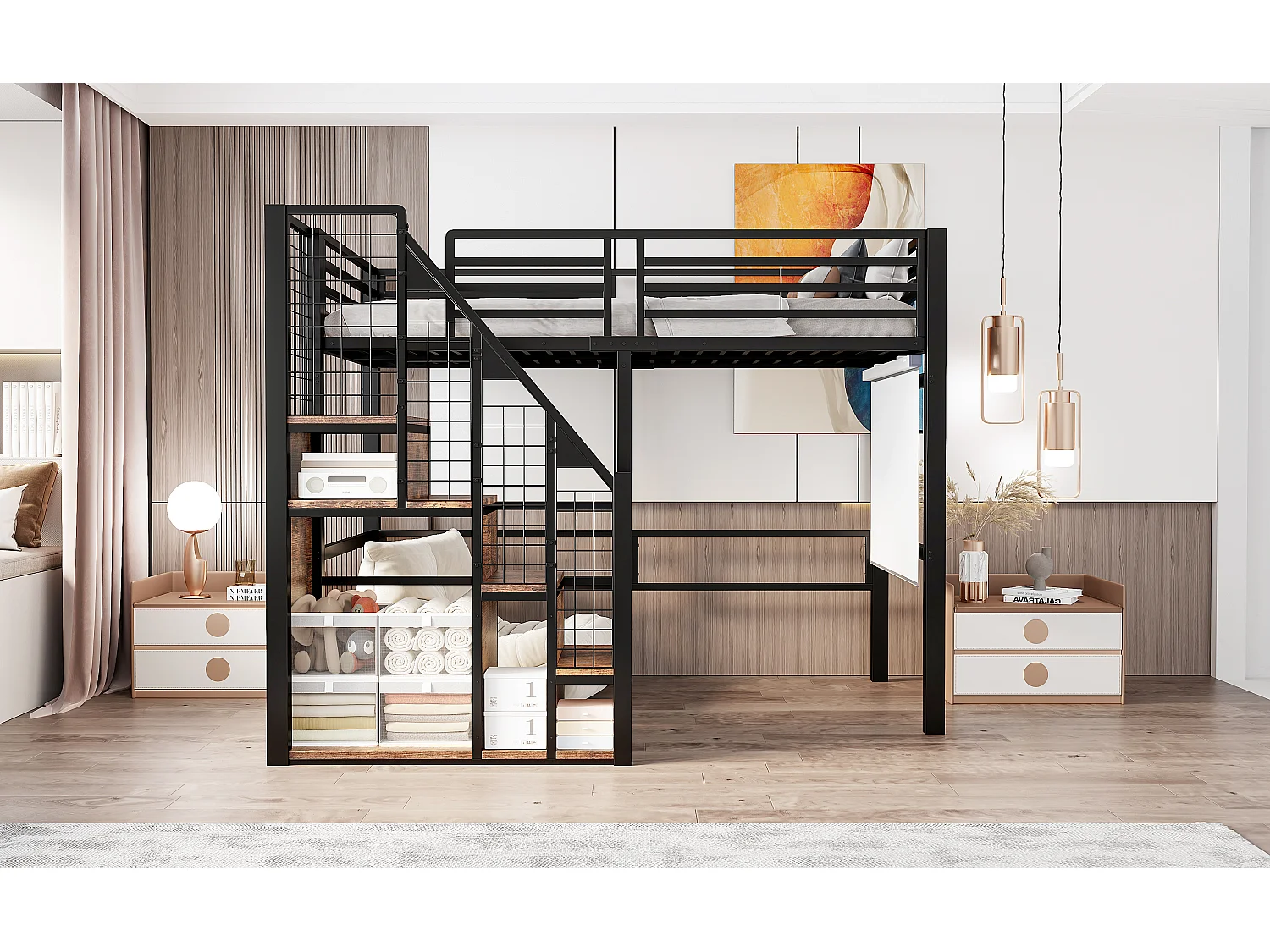 Kinderhoogslaper - 90 x 200 cm - ijzeren frame - met opbergruimte en veiligheidstrap - metaal - zwart