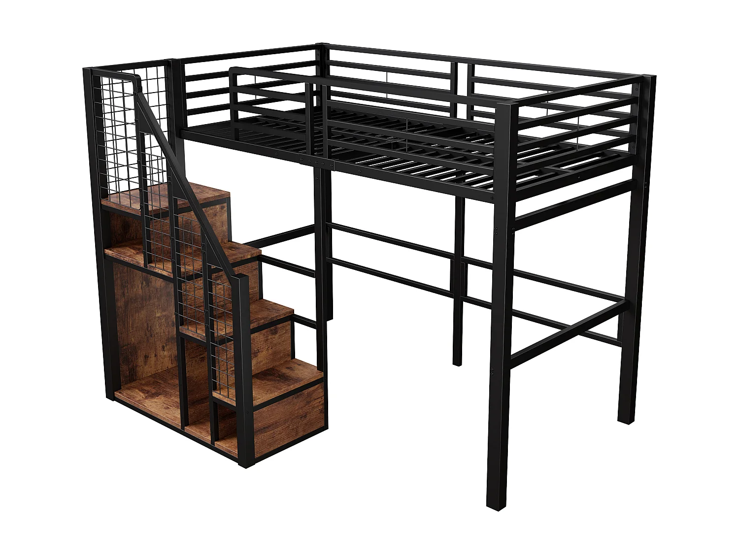 Kinderhoogslaper - 90 x 200 cm - ijzeren frame - met opbergruimte en veiligheidstrap - metaal - zwart