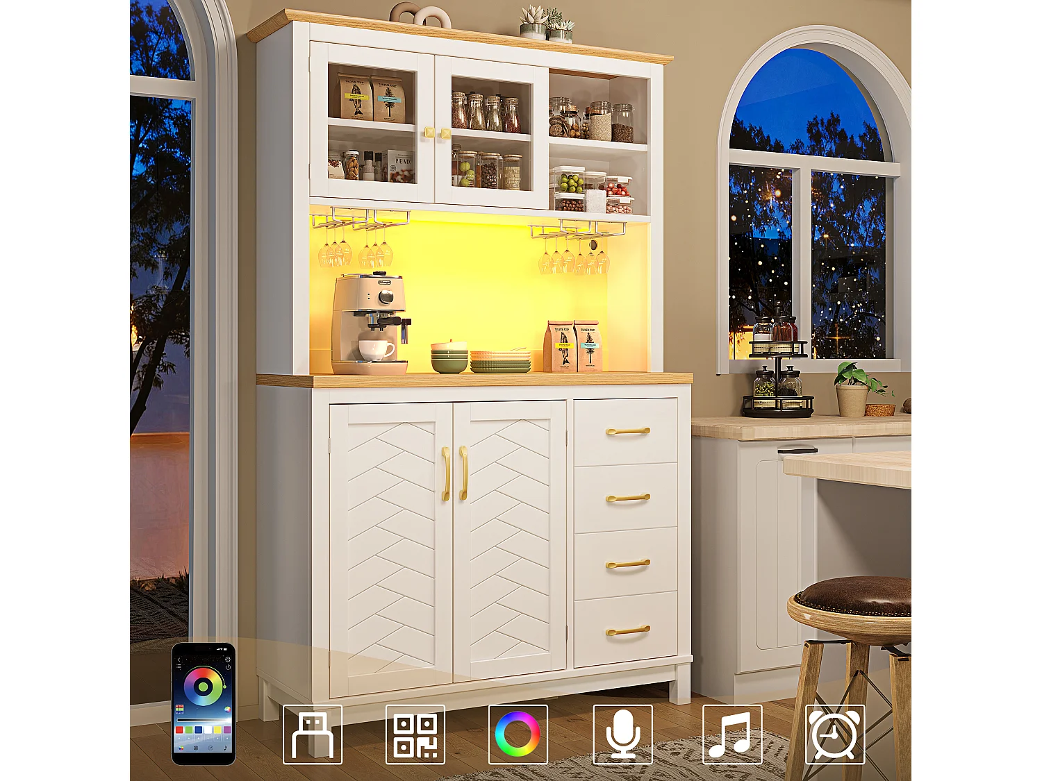 Kredens kuchenny w stylu rustykalnym - 105,5 x 40 x 180 cm - 4 drzwi + oświetlenie LED + uchwyty na kubki + szuflady - płyta MDF - biały