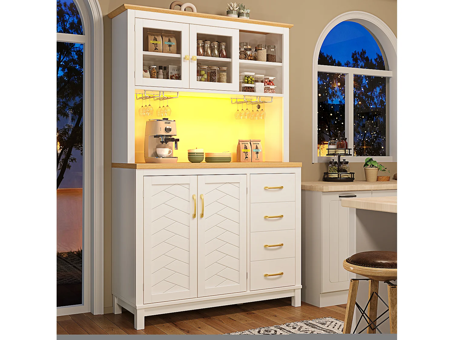 Kredens kuchenny w stylu rustykalnym - 105,5 x 40 x 180 cm - 4 drzwi + oświetlenie LED + uchwyty na kubki + szuflady - płyta MDF - biały