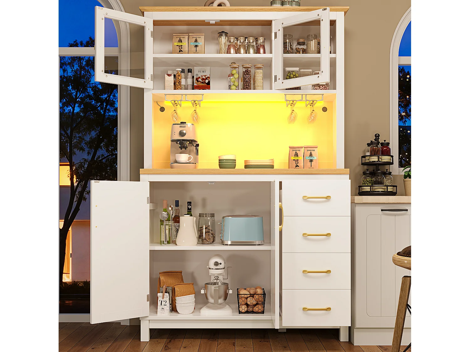 Kredens kuchenny w stylu rustykalnym - 105,5 x 40 x 180 cm - 4 drzwi + oświetlenie LED + uchwyty na kubki + szuflady - płyta MDF - biały