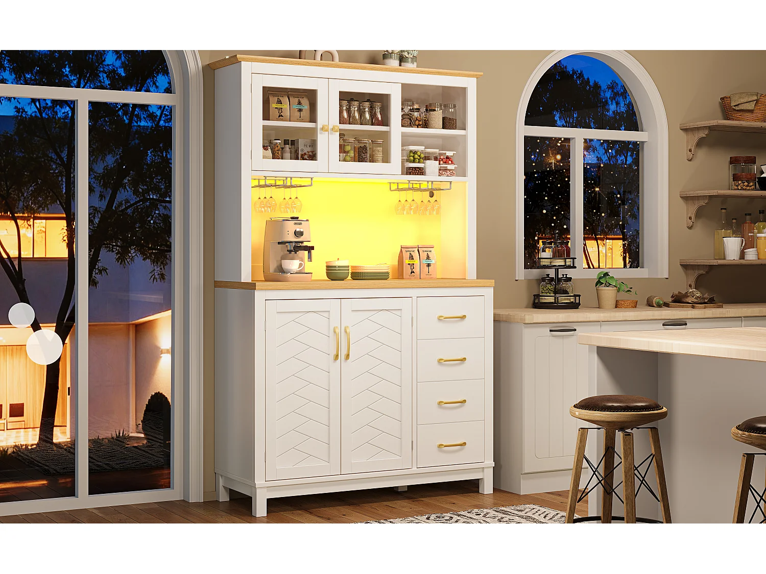 Kredens kuchenny w stylu rustykalnym - 105,5 x 40 x 180 cm - 4 drzwi + oświetlenie LED + uchwyty na kubki + szuflady - płyta MDF - biały