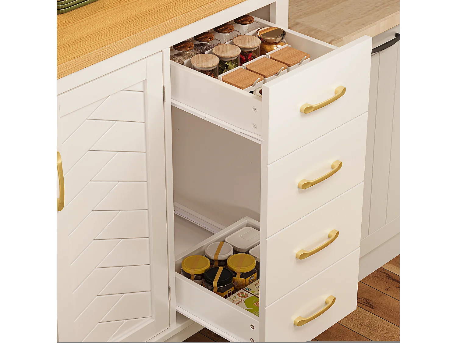 Kredens kuchenny w stylu rustykalnym - 105,5 x 40 x 180 cm - 4 drzwi + oświetlenie LED + uchwyty na kubki + szuflady - płyta MDF - biały