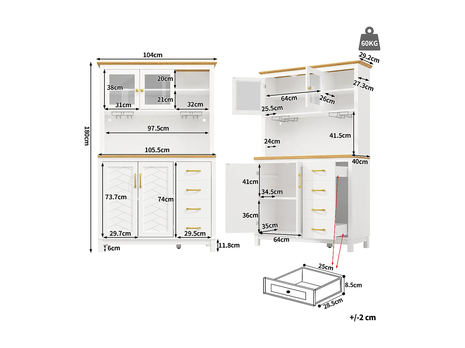 Kredens kuchenny w stylu rustykalnym - 105,5 x 40 x 180 cm - 4 drzwi + oświetlenie LED + uchwyty na kubki + szuflady - płyta MDF - biały