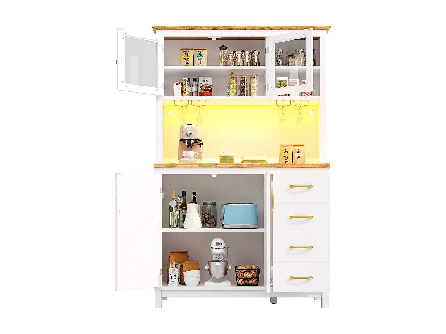 Kredens kuchenny w stylu rustykalnym - 105,5 x 40 x 180 cm - 4 drzwi + oświetlenie LED + uchwyty na kubki + szuflady - płyta MDF - biały