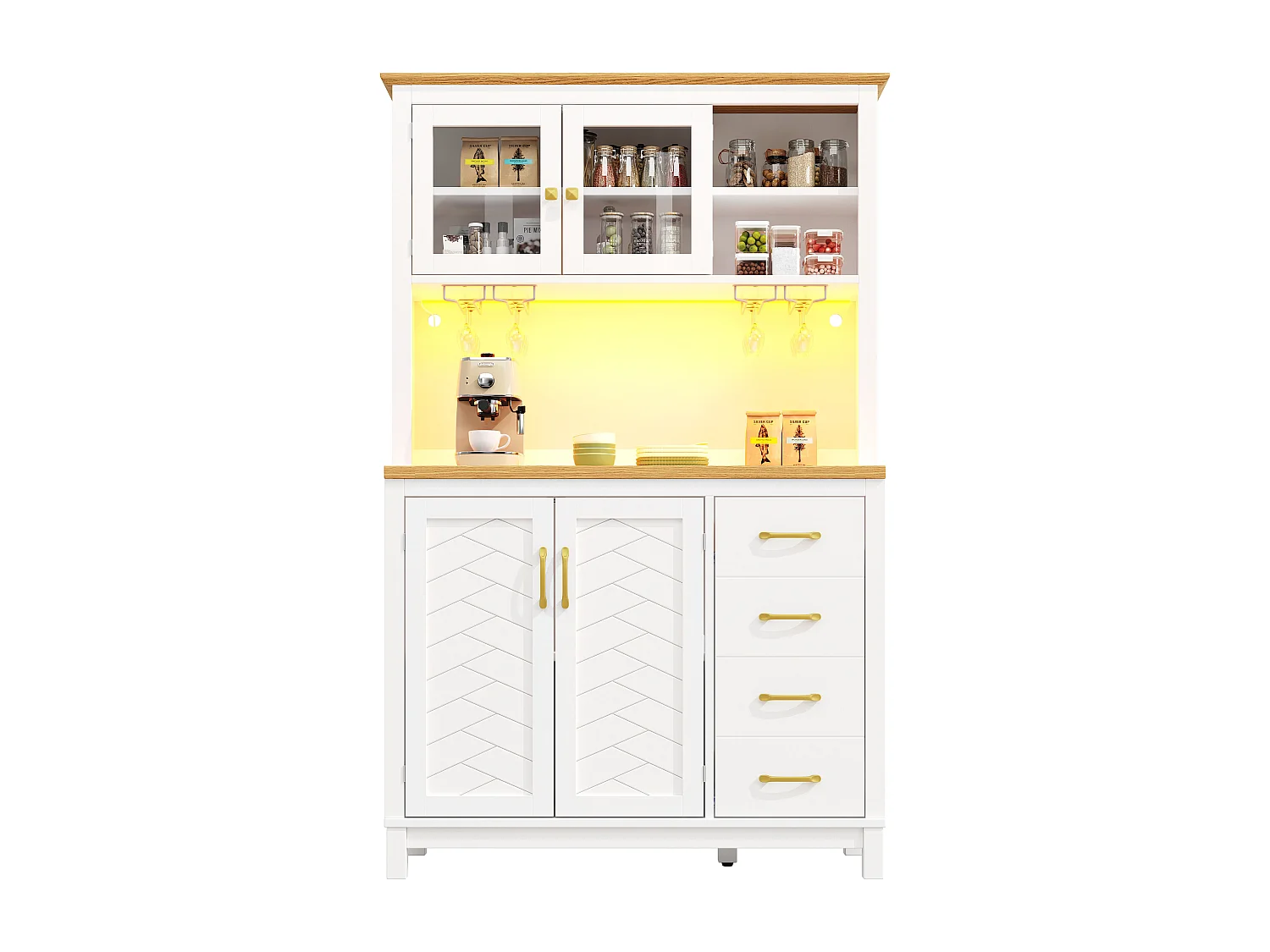 Kredens kuchenny w stylu rustykalnym - 105,5 x 40 x 180 cm - 4 drzwi + oświetlenie LED + uchwyty na kubki + szuflady - płyta MDF - biały