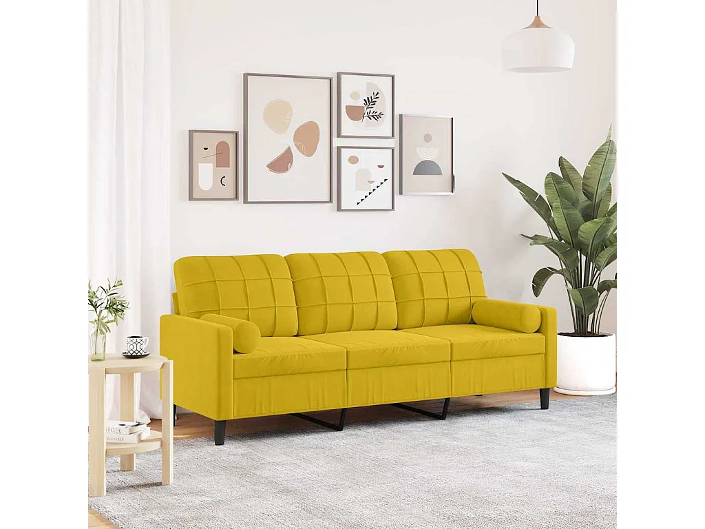 Canapé 3 places avec oreillers décoratifs jaune 180 cm velours