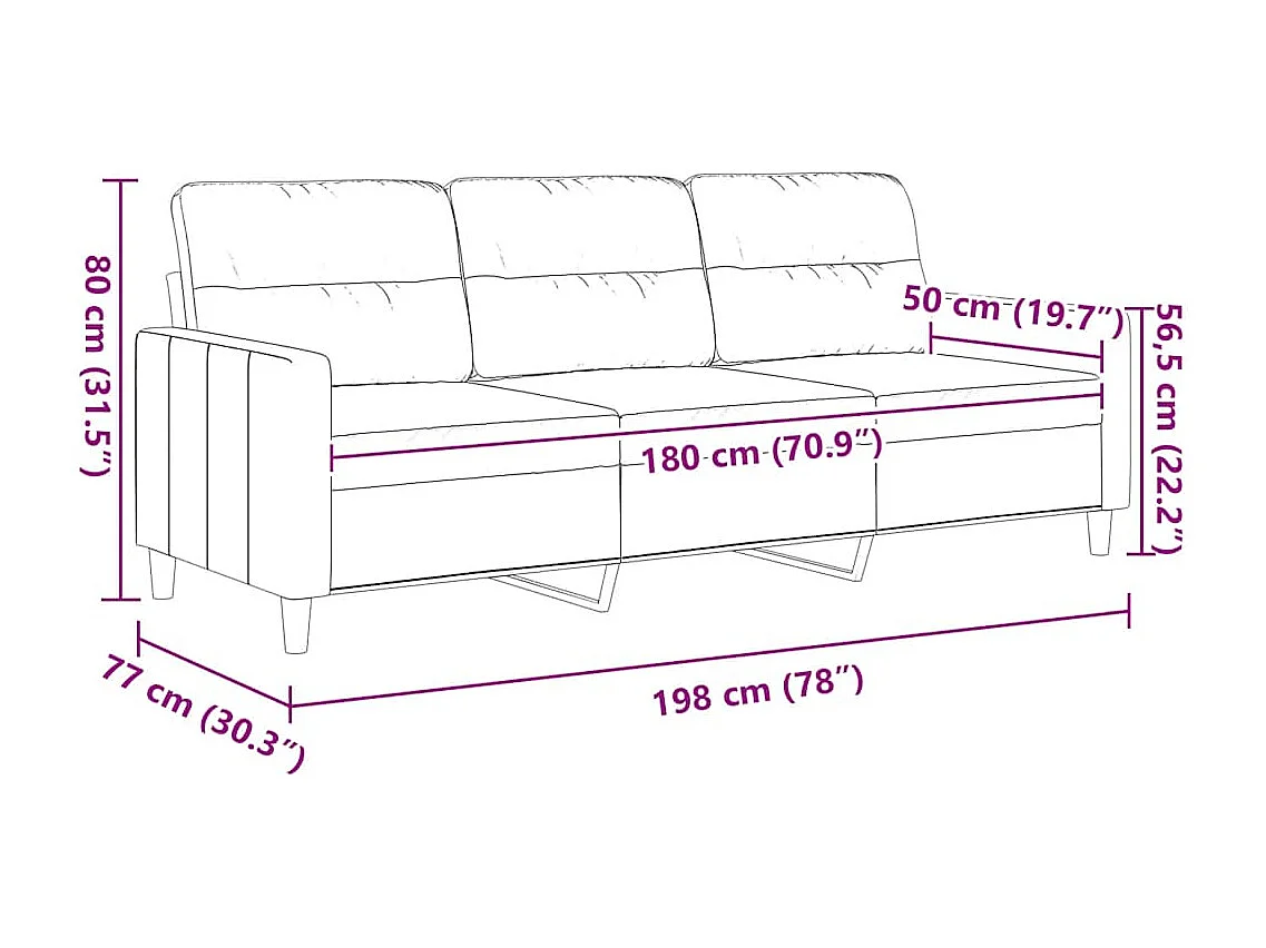 Divano a 3 Posti Crema 180 cm in Tessuto