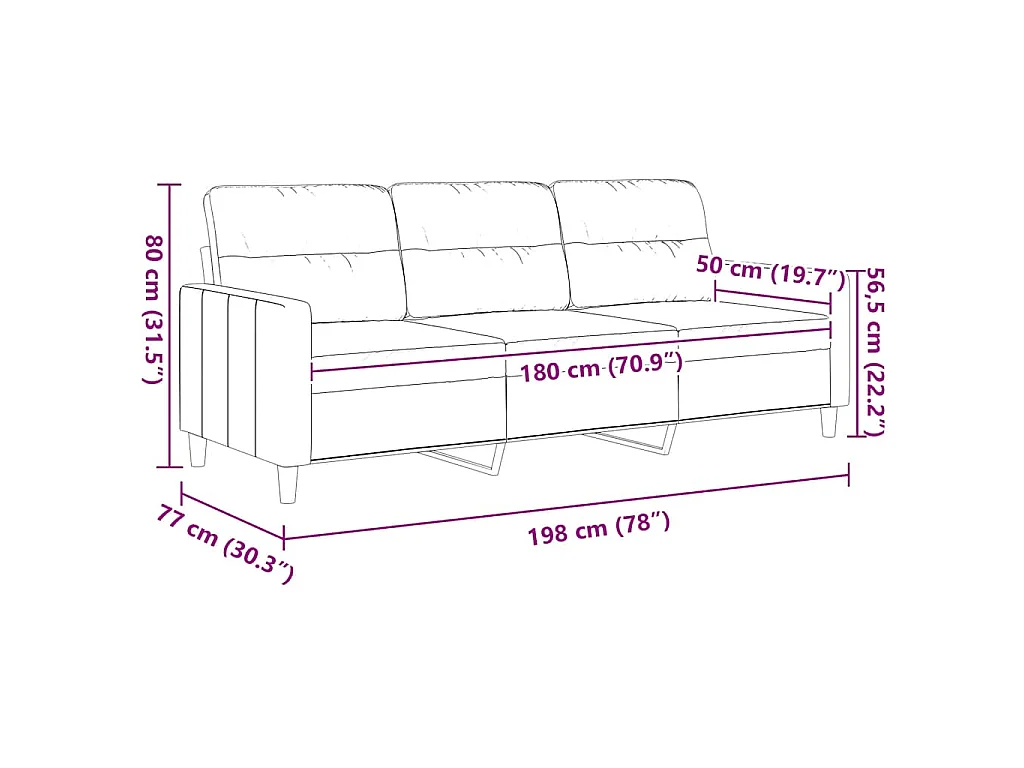 Canapé à 3 places Crème 180 cm Tissu