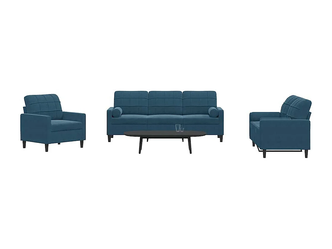 Ensemble de canapés 3pcs et coussins et traversins bleu velours