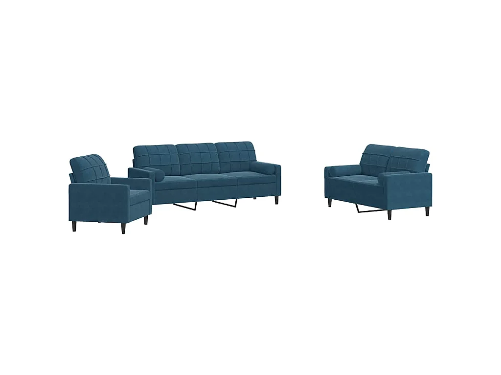 Ensemble de canapés 3pcs et coussins et traversins bleu velours