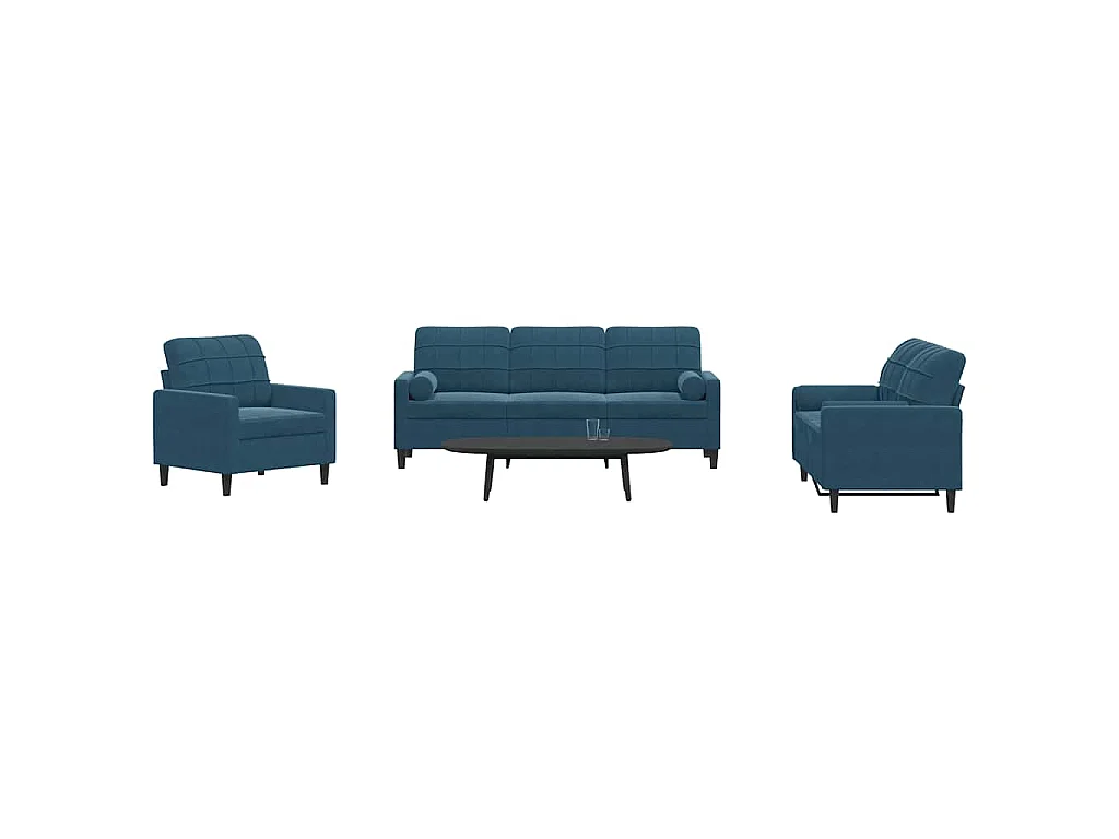 Ensemble de canapés 3pcs et coussins et traversins bleu velours