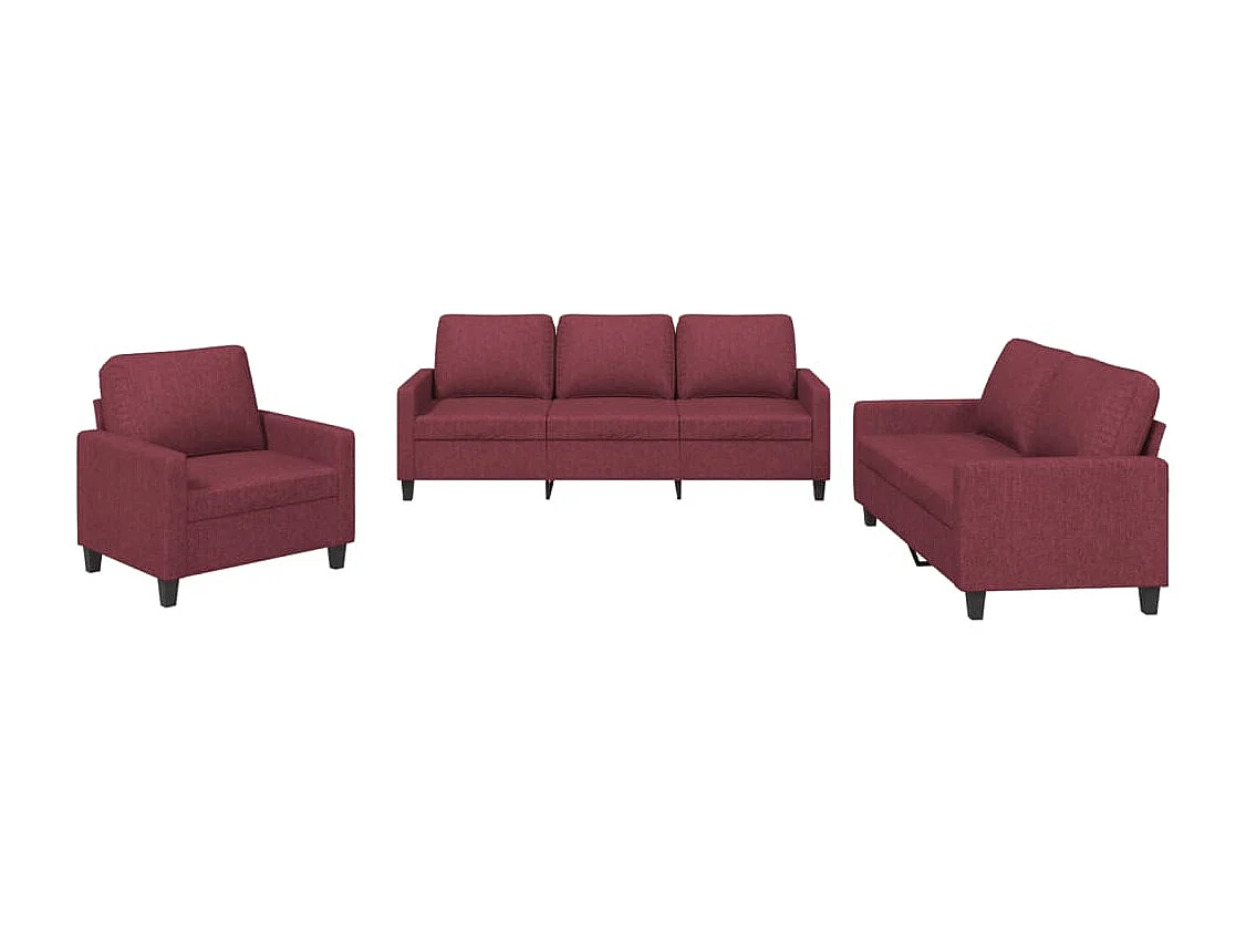 Set di Divani 3 pz con Cuscini Rosso Vino in Tessuto
