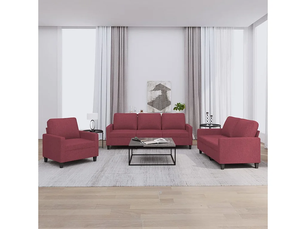 Set di Divani 3 pz con Cuscini Rosso Vino in Tessuto