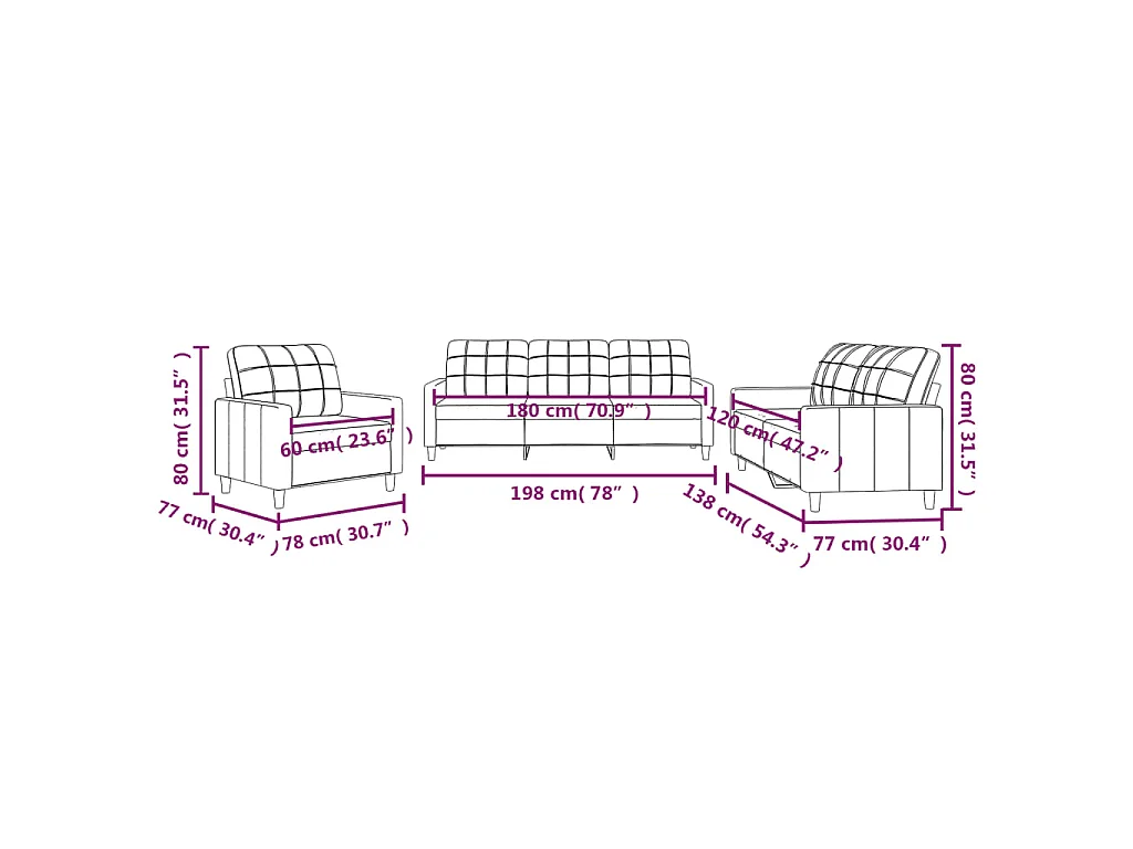 3 pcs conjunto de sofás com almofadões tecido castanho