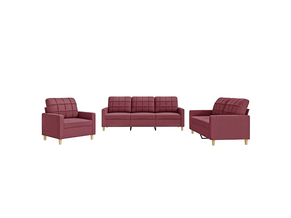 Set di Divani 3 pz con Cuscini Rosso Vino in Tessuto