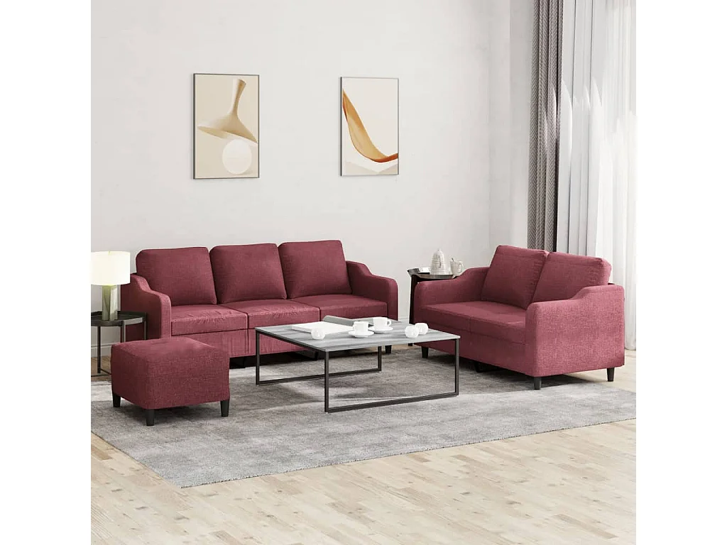 3 pcs conjunto de sofás com almofadões tecido vermelho tinto