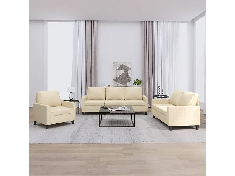 3-tlg. Sofagarnitur mit Kissen Creme Stoff