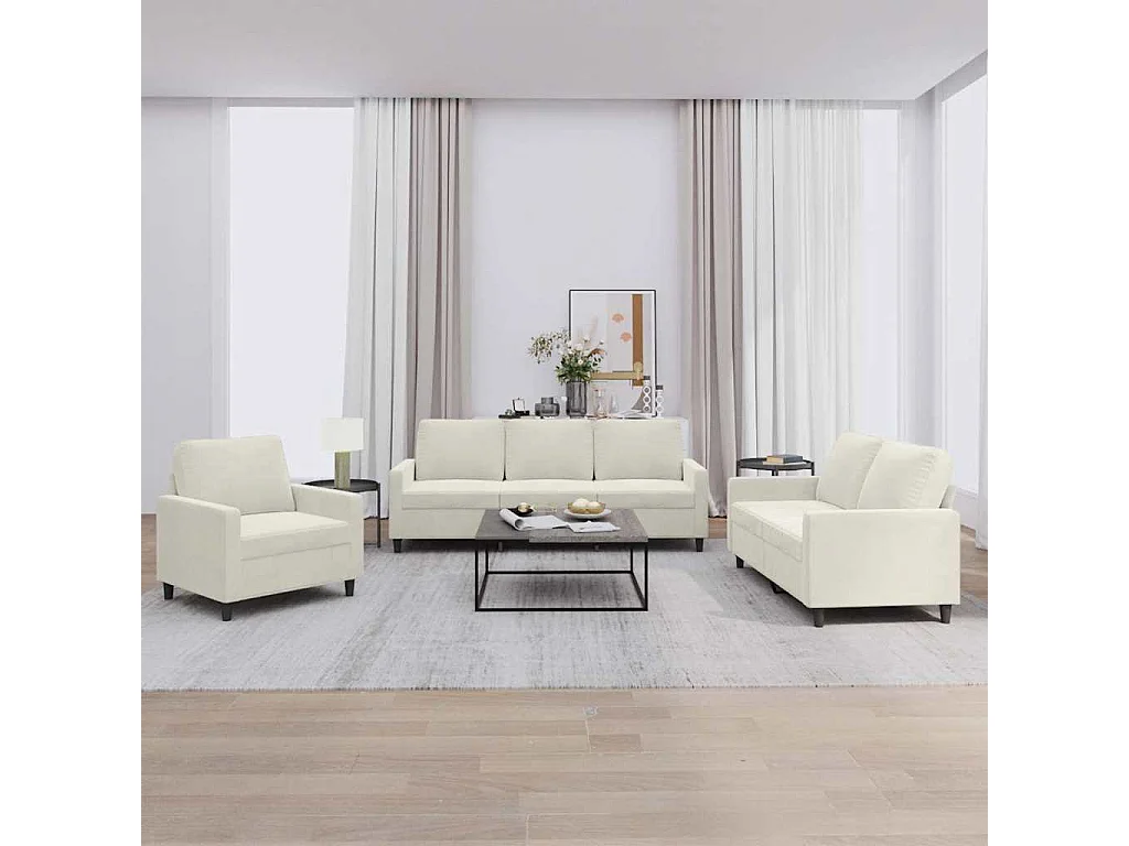 3-tlg. Sofagarnitur mit Kissen Creme Samt