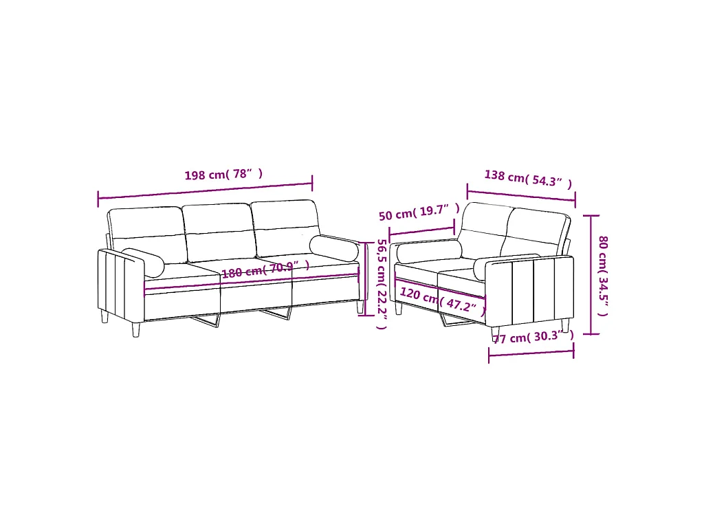 Ensemble de canapés 2 pcs avec coussins marron tissu