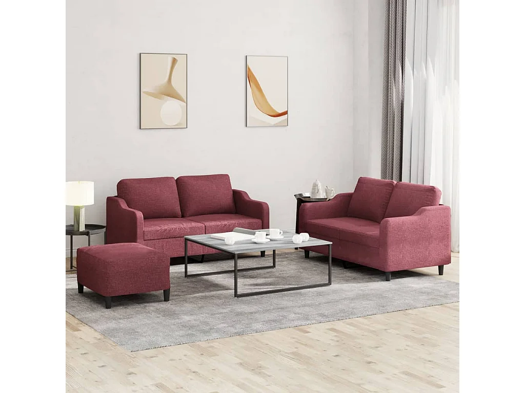 Set di Divani 3 pz con Cuscini Rosso Vino in Tessuto