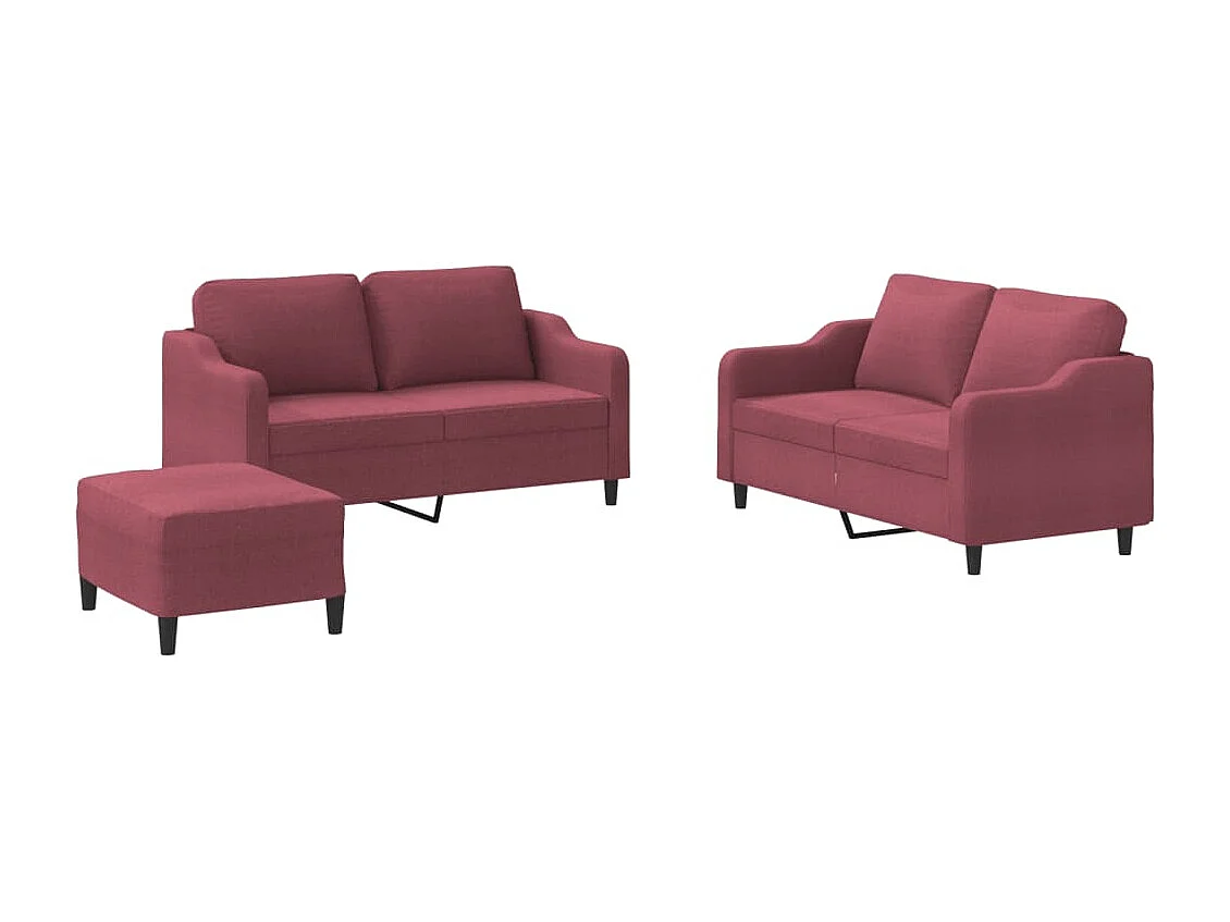 Set di Divani 3 pz con Cuscini Rosso Vino in Tessuto