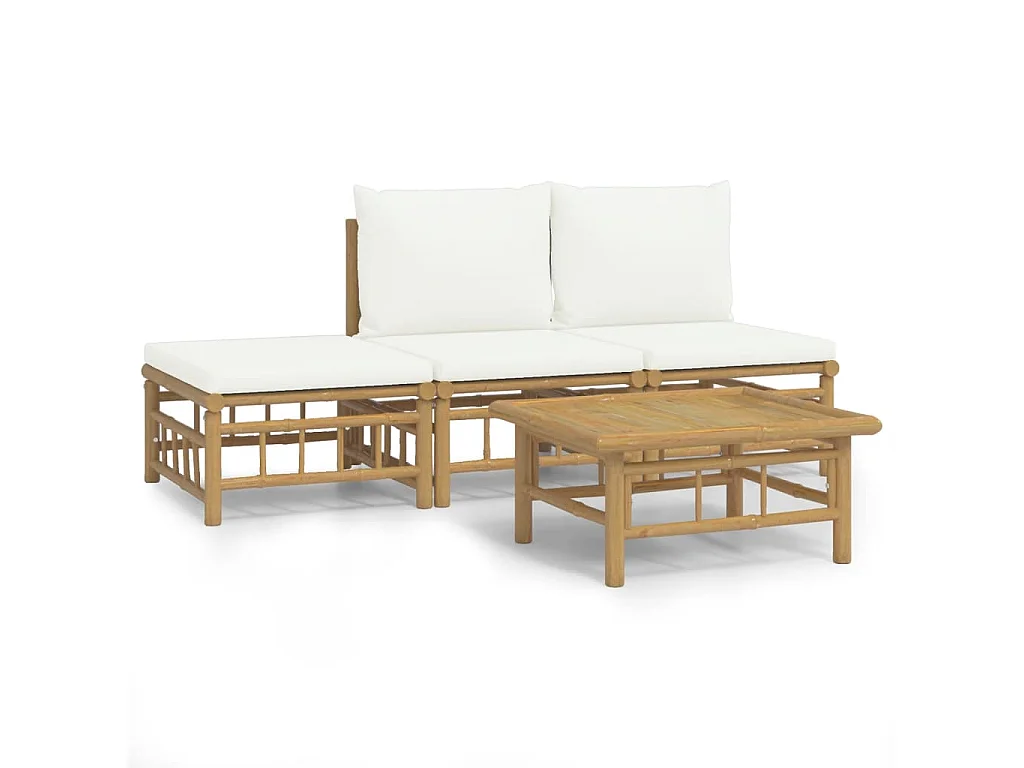 Set Salotto da Giardino 4pz con Cuscini Bianco Crema in Bambù
