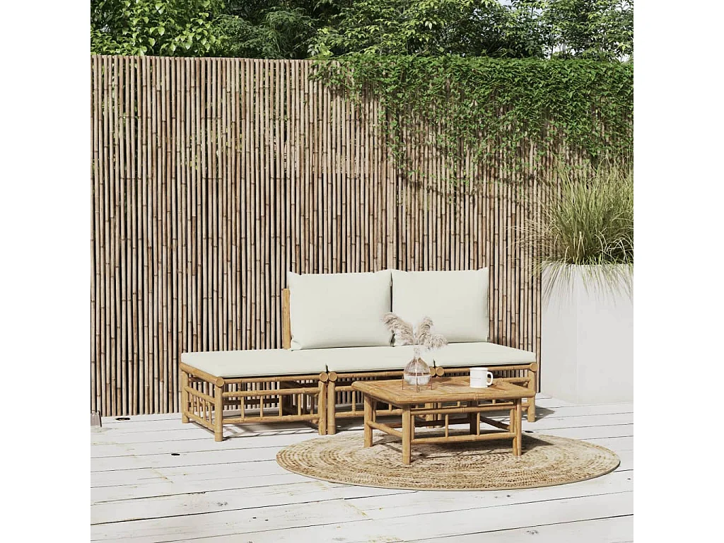 Set Salotto da Giardino 4pz con Cuscini Bianco Crema in Bambù